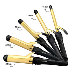 Gold ceramic curling irons set with barrels sized 16–38mm, black handles and clamps