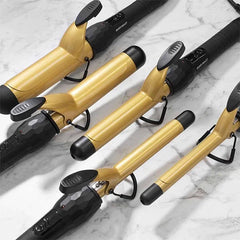 Gold ceramic curling irons with black handles and barrel clamps