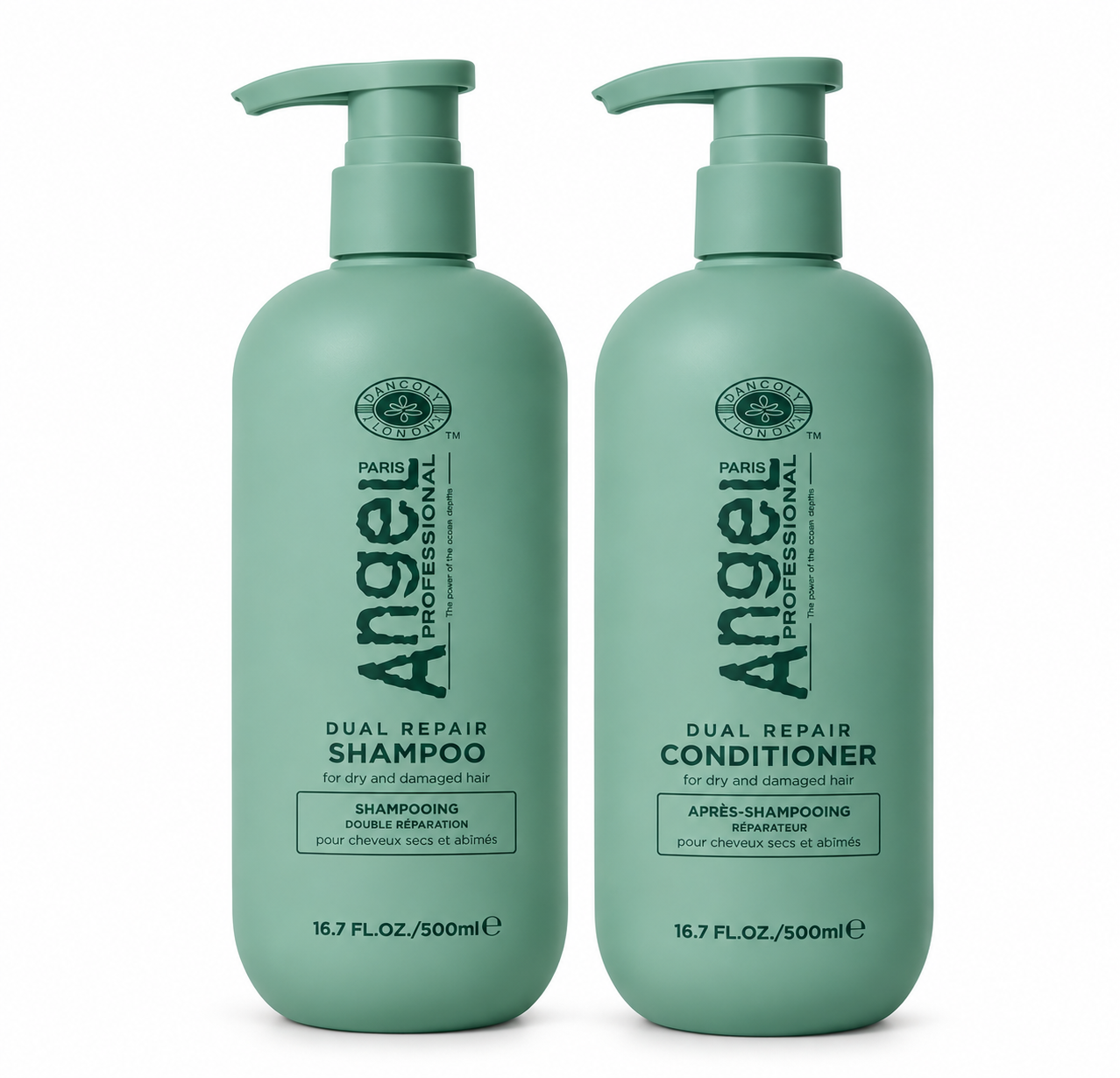 Angel Professional Dual Repair shampoo and conditioner duo, two 500 ml mint-green pump bottles