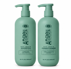 Angel Professional Dual Repair shampoo and conditioner duo, two 500 ml mint-green pump bottles