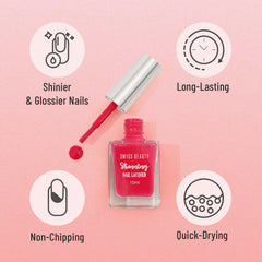 Nude pink nail lacquer bottle with brush applicator, gloss and durability icons