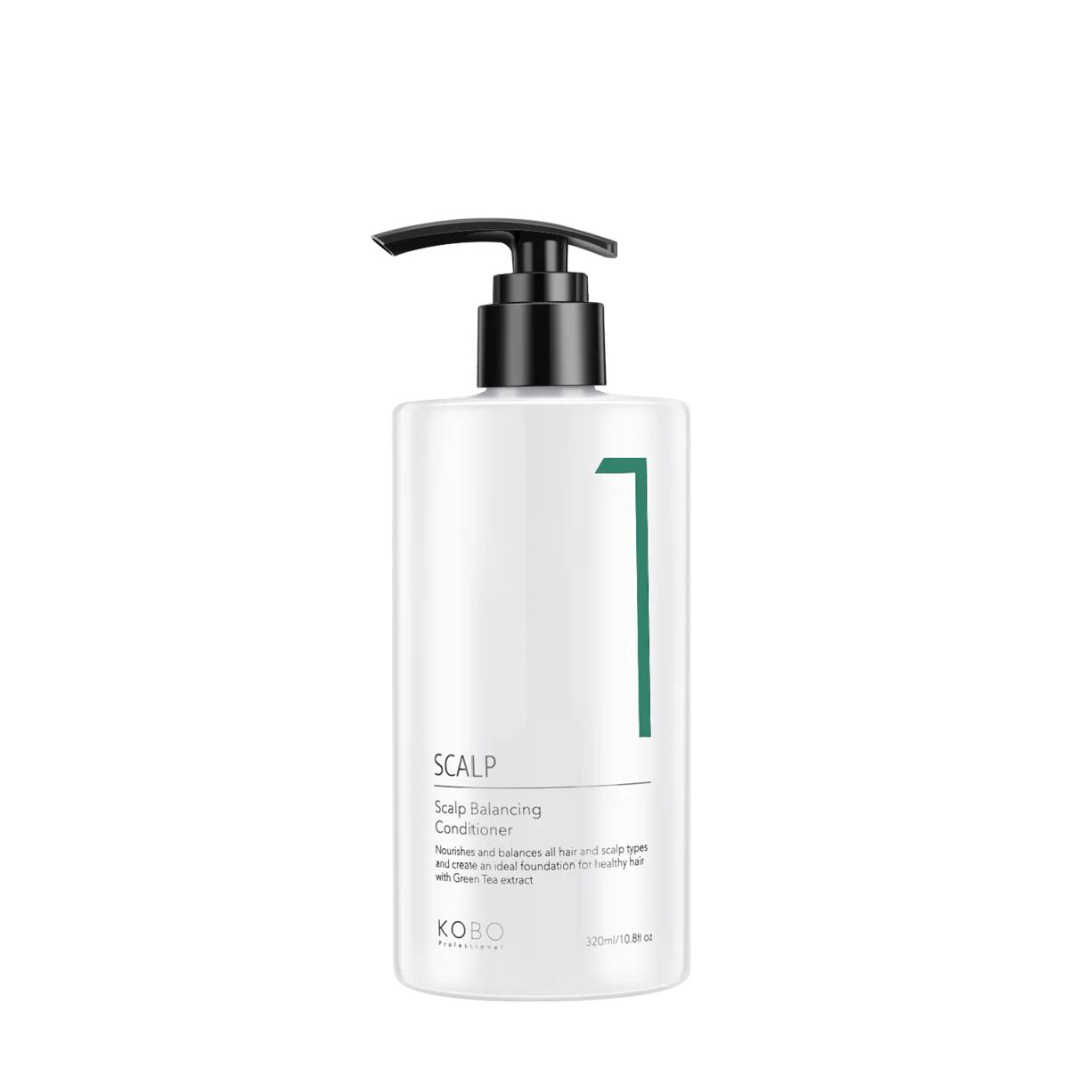 KOBO scalp balancing conditioner bottle with pump, white bottle and black dispenser