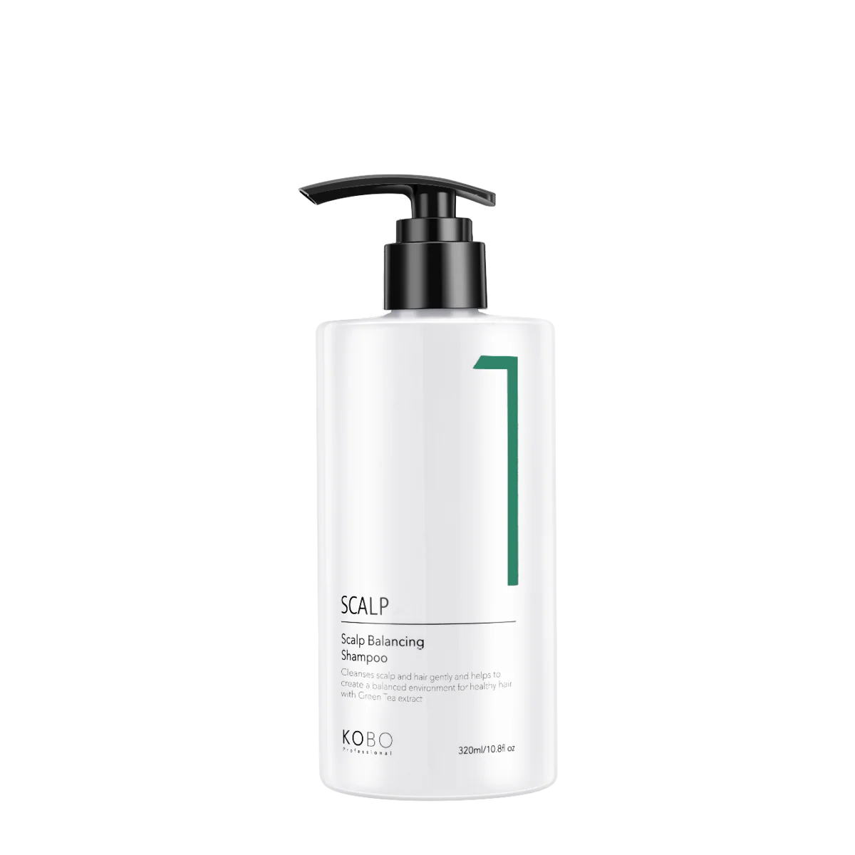 KOBO scalp balancing shampoo bottle with black pump, white, 320 ml