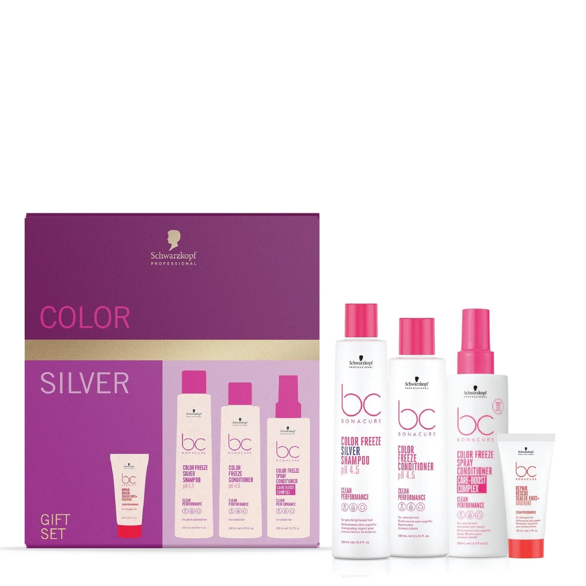 Hair care gift set box with BC Color Freeze Silver bottles, purple and pink
