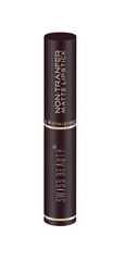 Non-transfer waterproof matte lipstick tube, dark case with gold trim and 'Waterproof' text