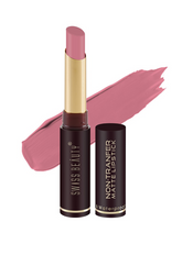 Matte waterproof lipstick in lilac blush shade with applicator tip and color swatch