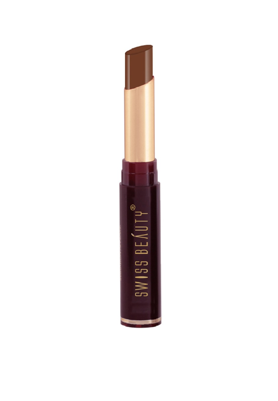 Matte waterproof lip color in bullet tube, coffee-brown shade, cap-on