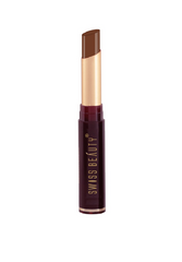 Matte waterproof lip color in bullet tube, coffee-brown shade, cap-on