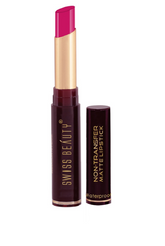 Non-transfer waterproof matte lipstick, magenta shade, maroon tube with gold trim