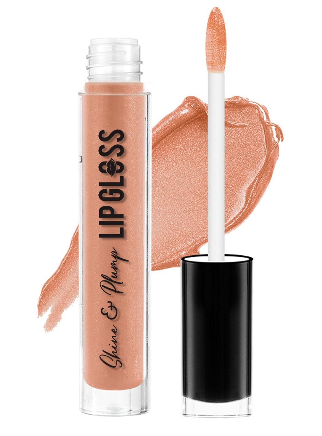 Nude brown lip gloss in clear tube with black cap and applicator wand, glossy texture