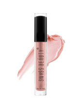 Peach shimmery lip gloss in clear tube with black cap, 4 ml