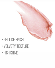 Peach shimmery lip gloss swatch with gel-like, velvety texture callouts