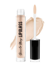 Shimmering nude lip gloss in clear tube with wand and swatch