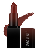 HD matte lipstick, dark brown shade, tube with side swatch and open box
