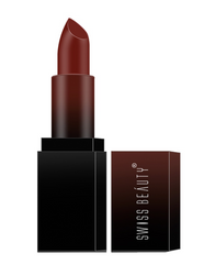 HD matte lipstick in deep brown, tube and boxed case shown upright