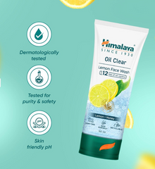 Lemon face wash tube with dermatologically tested and pH-friendly certification icons