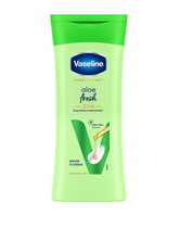 Vaseline Aloe Fresh body lotion bottle, green with blue cap and aloe label