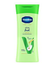 Vaseline Aloe Fresh body lotion bottle, green with blue cap and aloe label