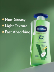Vaseline Aloe Fresh body lotion bottle with green front label and blue cap