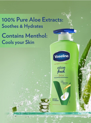 Vaseline Aloe Fresh body lotion bottle with blue pump cap, green aloe label