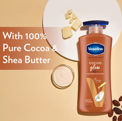 Vaseline cocoa glow serum-in-lotion bottle with cocoa pieces and white cream jar