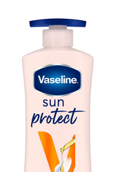Vaseline Sun Protect SPF 30 body lotion bottle, pale pink with blue pump