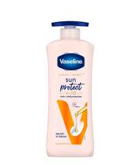 Vaseline Sun Protect SPF 30 serum-in-lotion bottle with blue pump, front label