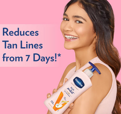 Vaseline Sun Protect SPF 30 body lotion bottle held by smiling woman, blue pump