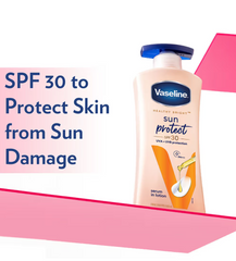 Vaseline Sun Protect SPF 30 body lotion bottle with blue pump, angled front view