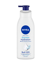 NIVEA body lotion serum bottle with blue pump, front label and hydration drops