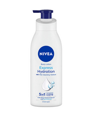 NIVEA body lotion serum bottle with blue pump, front label and hydration drops