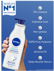 NIVEA body lotion serum bottle held in hand, front label visible with hydration drops