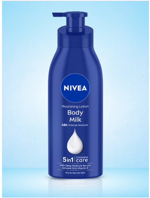 Nivea body milk bottle with pump dispenser, dark blue container.