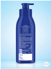 Nivea body milk bottle with back label, dark blue pump dispenser.