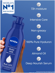 Nivea body milk bottle held in hand, dark blue pump dispenser.