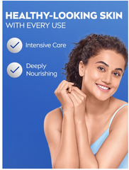 Body milk promotional card with a smiling model showing smooth skin.