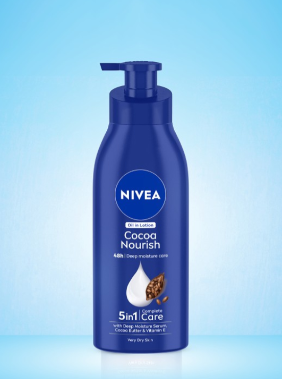 Nivea Cocoa Nourish body lotion bottle with pump dispenser, blue
