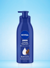 Nivea Cocoa Nourish body lotion bottle with pump dispenser, blue