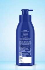 Nivea Cocoa Nourish body lotion bottle with pump dispenser, back label view