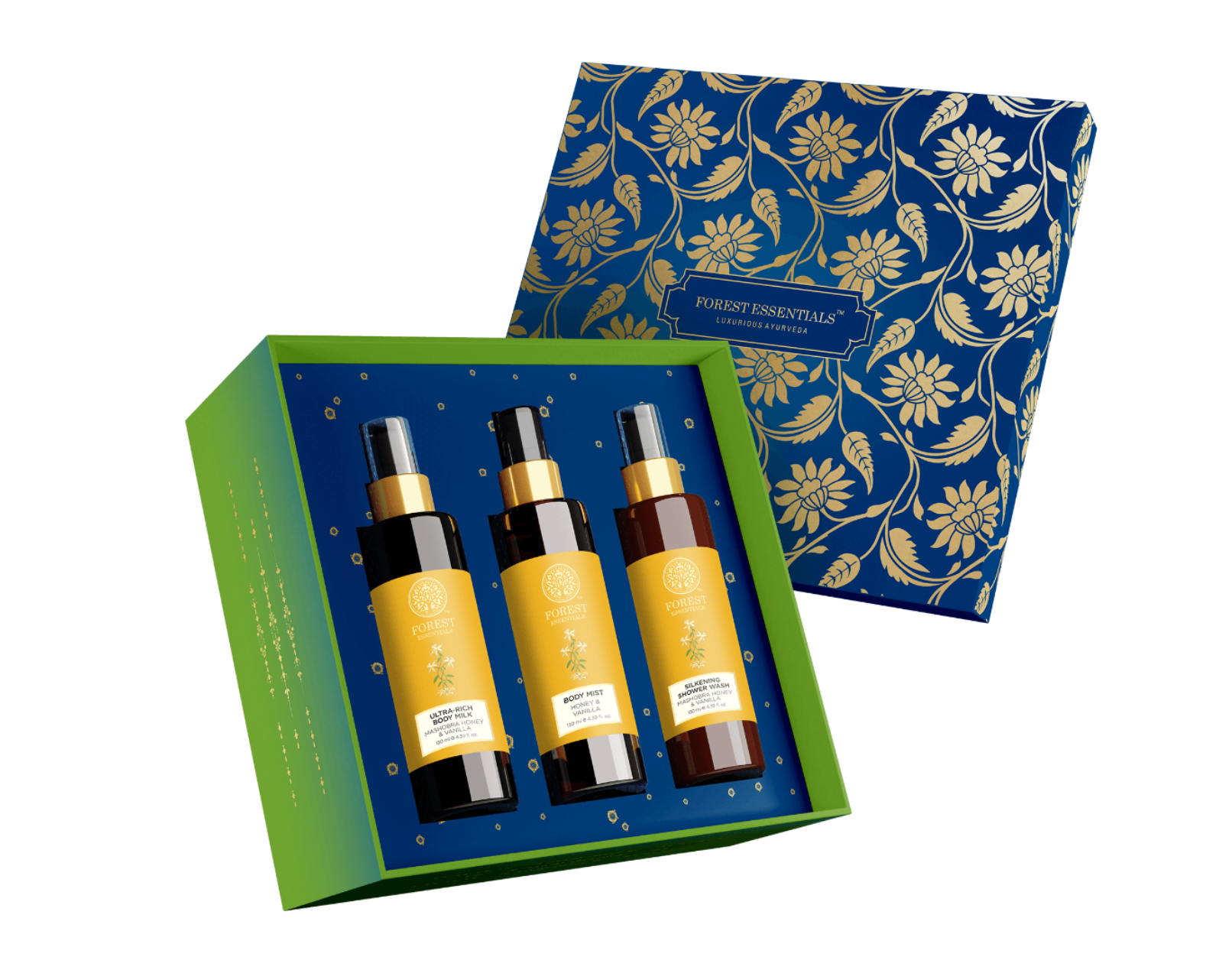 Forest Essentials body care pack, three amber bottles in blue floral gift box