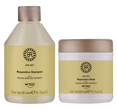Reparative shampoo bottle and reparative mask jar with Italian chestnut extract