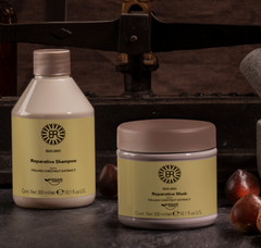 Reparative shampoo bottle and mask jar on countertop, Italian chestnut extract