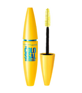 Volumizing waterproof mascara tube with yellow cap and black bristle wand.