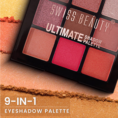 Eyeshadow palette close-up with matte and shimmer pans in rose, red, and bronze