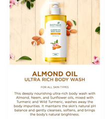 BIOTIQUE body wash pump bottle with almond oil label, amber bottle and white pump