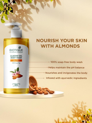 BIOTIQUE body wash bottle with white pump, almonds around base