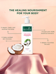 Body lotion bottle with pump, coconut halves and green label, on table