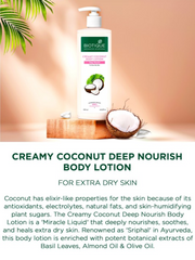 Body lotion bottle with pump with coconut halves beside it