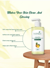 Biotique pineapple foaming face wash bottle with pump and feature callouts