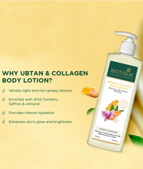 Biotique Ubtan & Collagen body lotion pump bottle with ingredient icons
